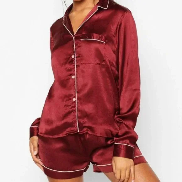 EUC Red Satin PJ Set - Burgundy - Boohoo - Picture 1 of 5